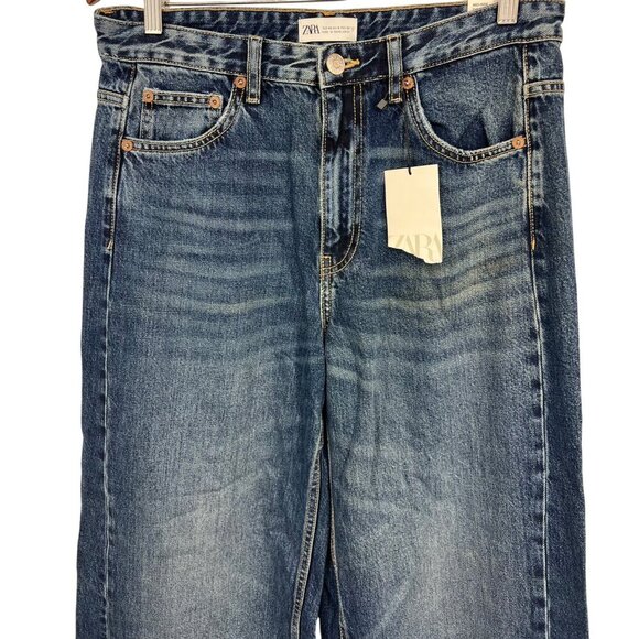 Zara Womens Mid-Rise Full Length Wide Shifted Denim Jeans Size 8 Dark Wash New - Picture 2 of 9